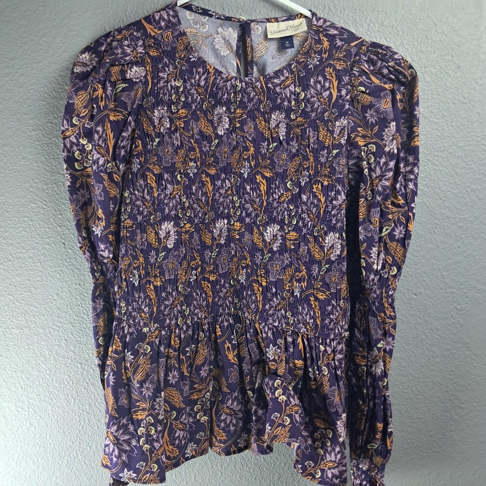 Universal Thread Women's Smocked Peplum Top Floral Long Sleeve Blouse Purple M